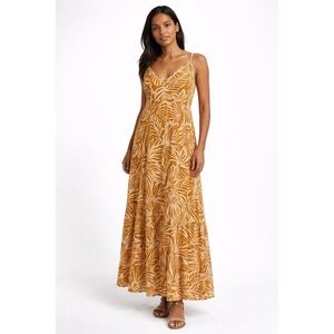 Patrons of Peace Tropical Print Maxi Dress Brown Tan Spaghetti Strap Boho Size M
